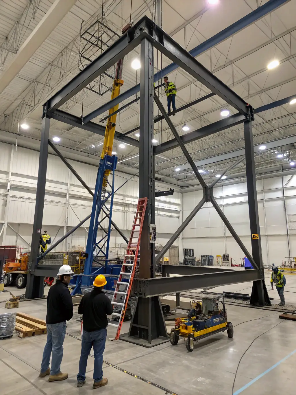 A close-up of a heavy steel structure being assembled, demonstrating the precision and strength of Karadja Group's steel structure projects.