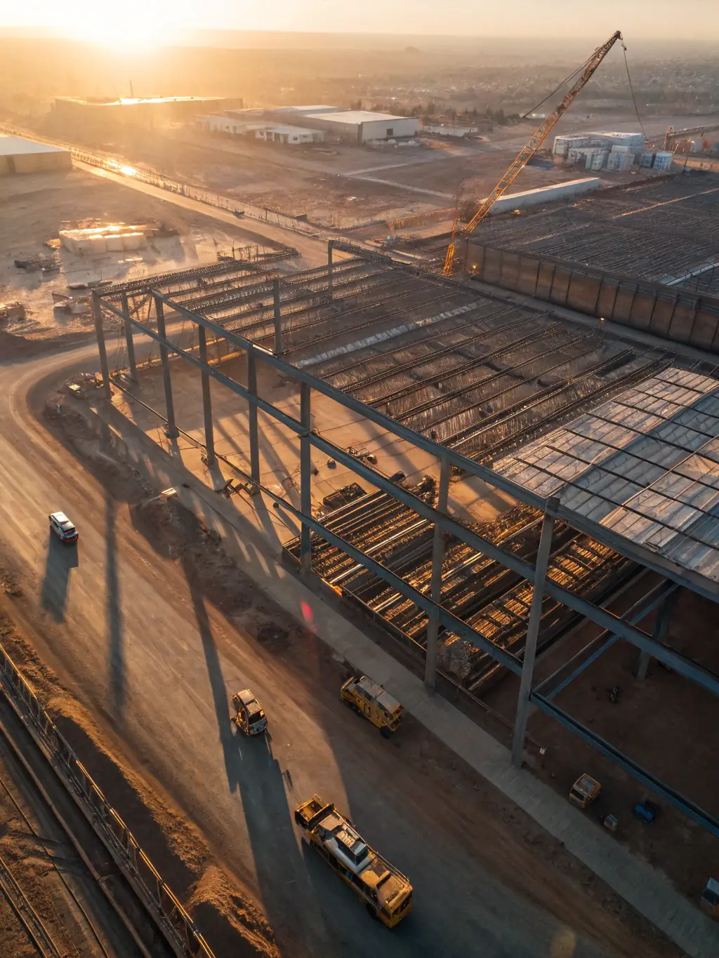 A high-angle shot of a modern factory under construction, showcasing the steel framework and the organized construction site, emphasizing Karadja Group's expertise in factory construction.