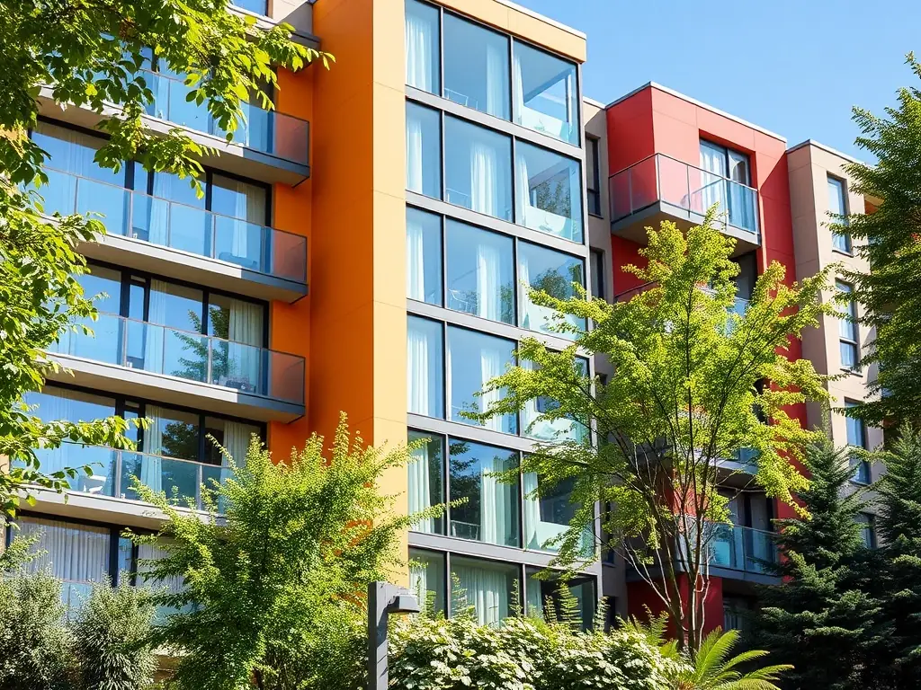 A contemporary residential building with a sleek facade and landscaped surroundings. The image should convey comfort and modern design.