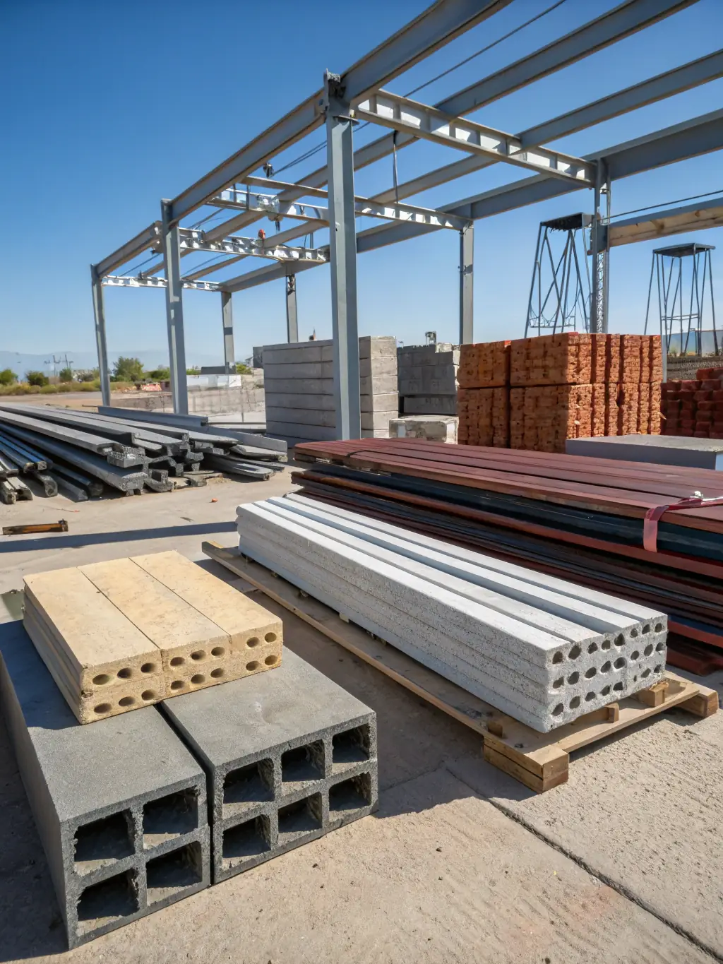 A well-organized construction material supply yard, showcasing the variety and quality of materials provided by Karadja Group.